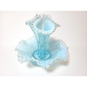 Vintage Fenton‎ Opalescent Aqua Diamond Lace Epergne Centerpiece Vase 3 Horn